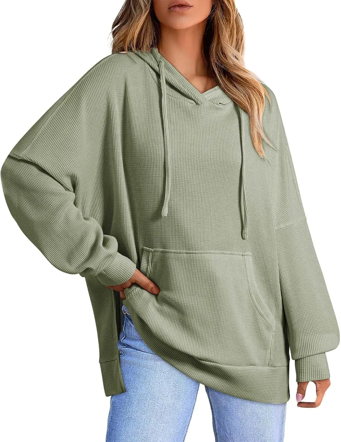Oversized Hoodies for Women Waffle Hem Slit Drawstring Long Sleeve Sweatshirt Loose Lightweight Pullover with Pocket