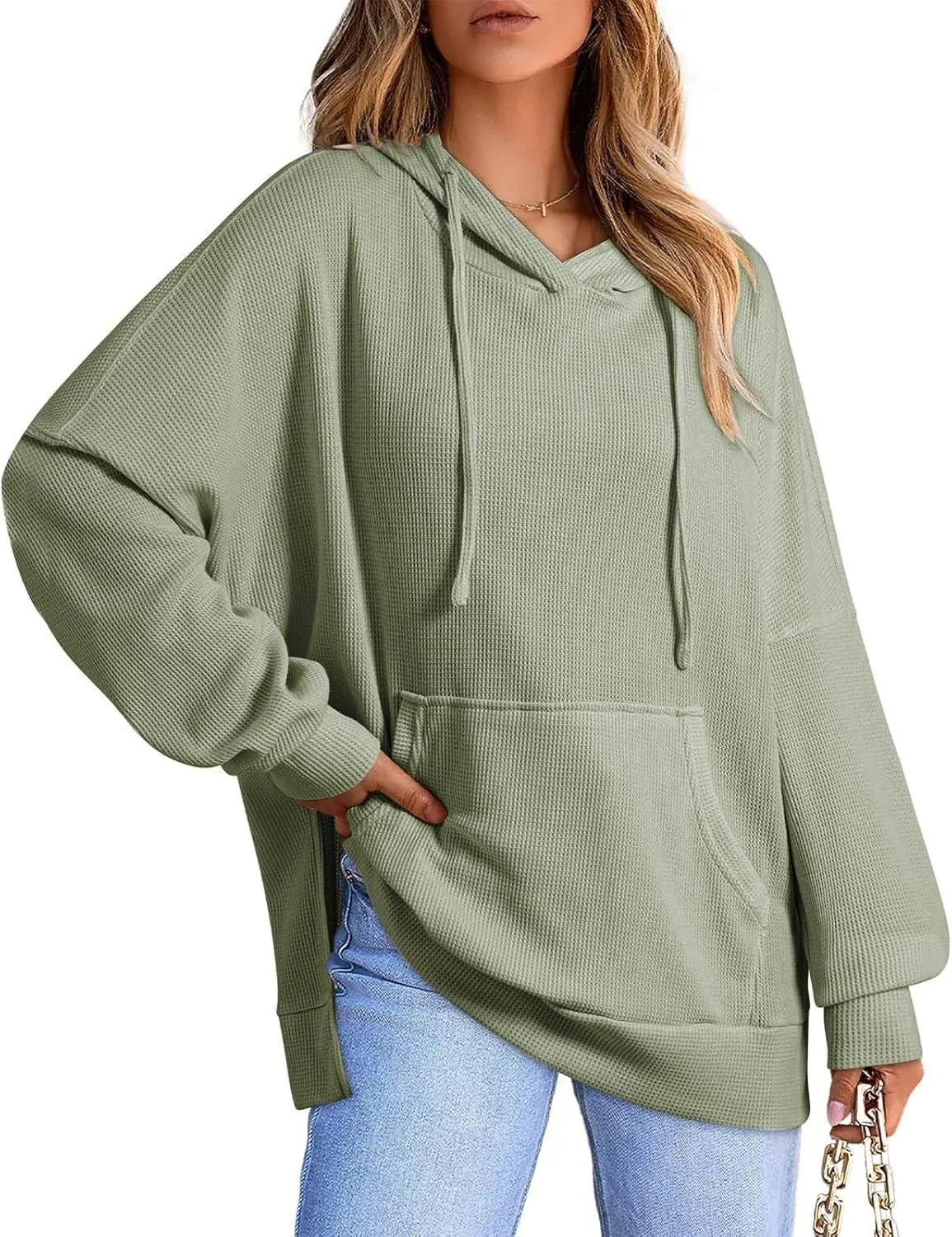 Oversized Hoodies for Women Waffle Hem Slit Drawstring Long Sleeve Sweatshirt Loose Lightweight Pullover with Pocket