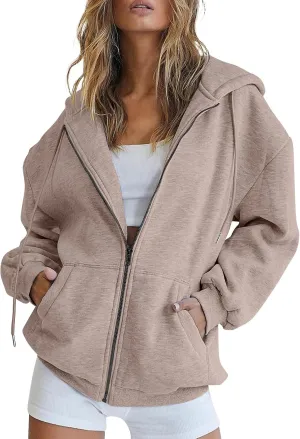 PETYCZEN Zip Up Hoodies for Women Casual Long Sleeve Oversized Sweatshirt Drawstring Cute Teen Girls Jackets Fall Y2K Clothes