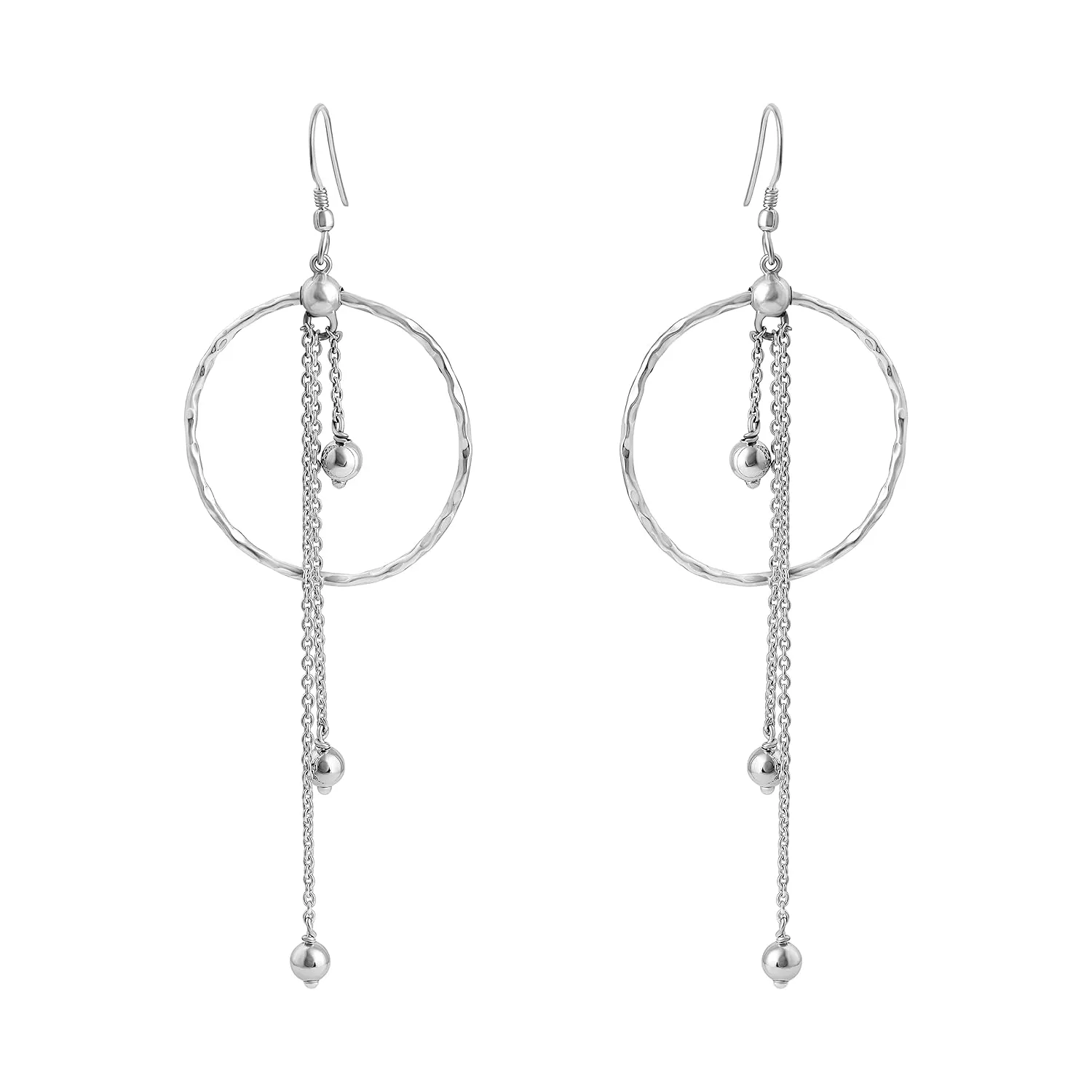 PHNX Circle Threader Earrings, 18k Gold Fill Earrings, Hammered Hoop Earrings, Long Dangle Earrings, Ear Threaders, Gold Hoop Earrings, Long Chain Dangle Earrings (Silver)