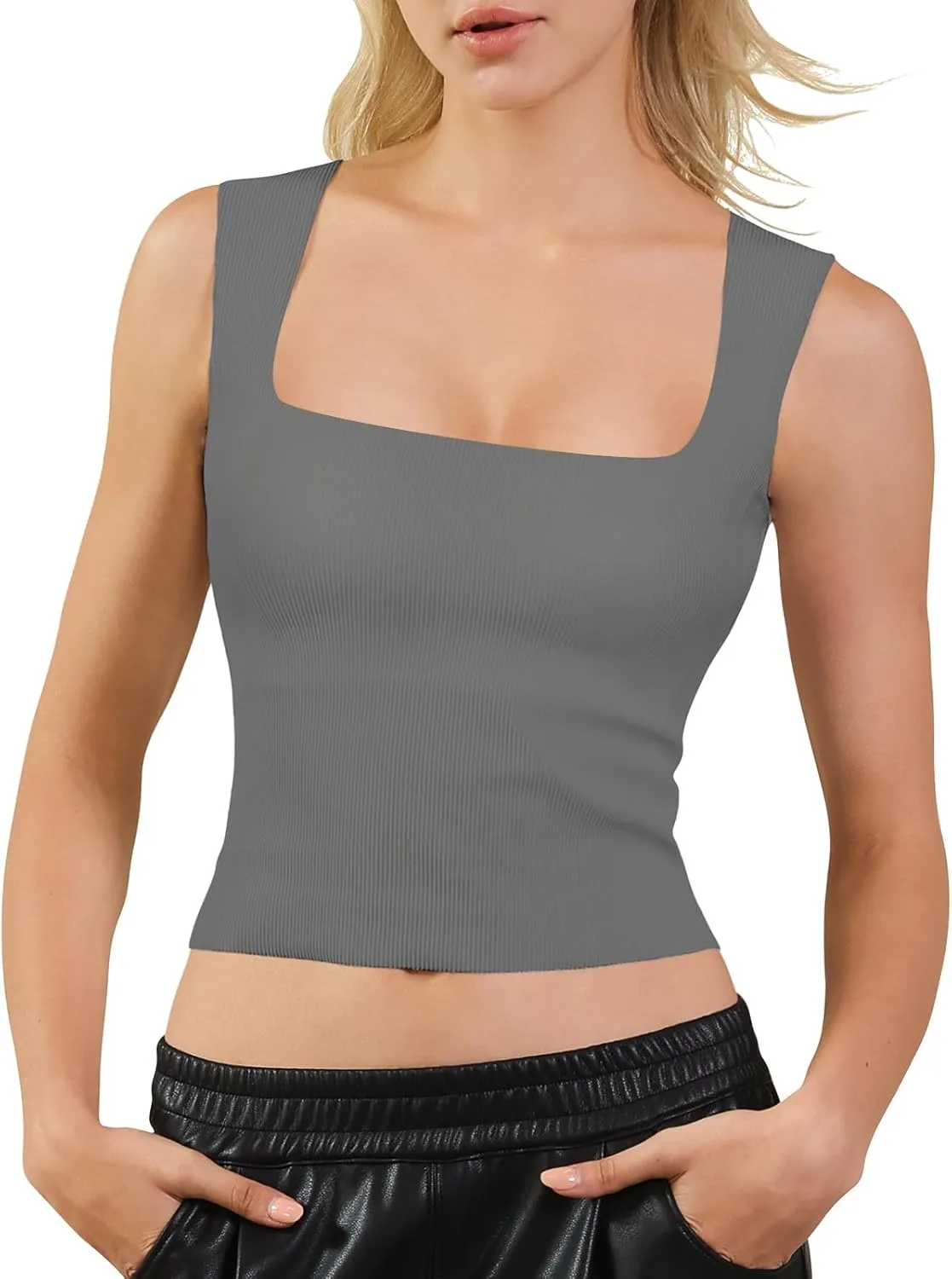 PINKSAVIOR Women Square Neck Crop Tops Trendy Tank Tops with Built in Bras Seamless Sleeveless Summer Tank Tops 2024