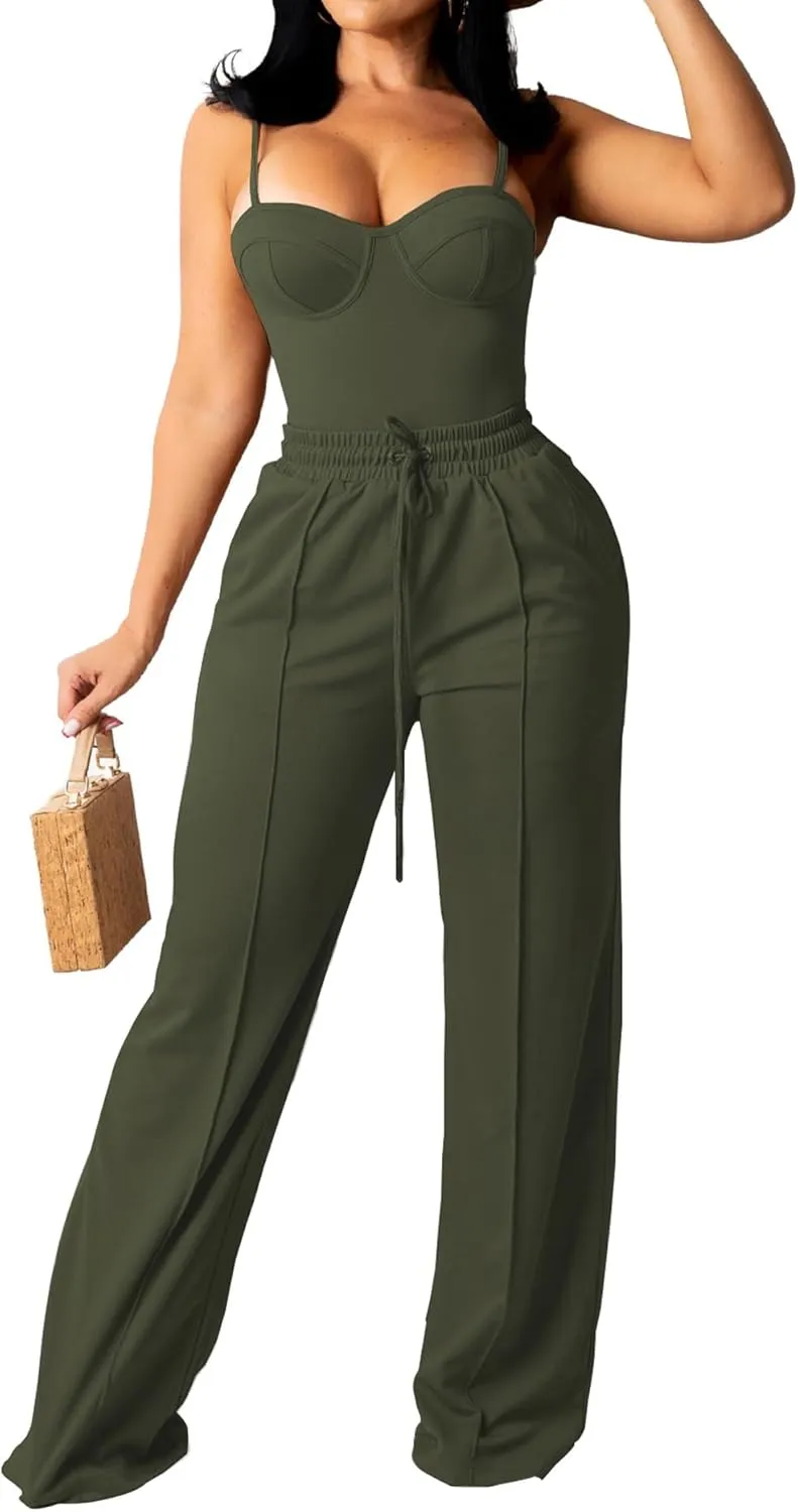 PINSV Women's Casual Wide Leg Pants High Waisted Drawstring Baggy Sweatpants Elastic Straight Leg Lounge Pants
