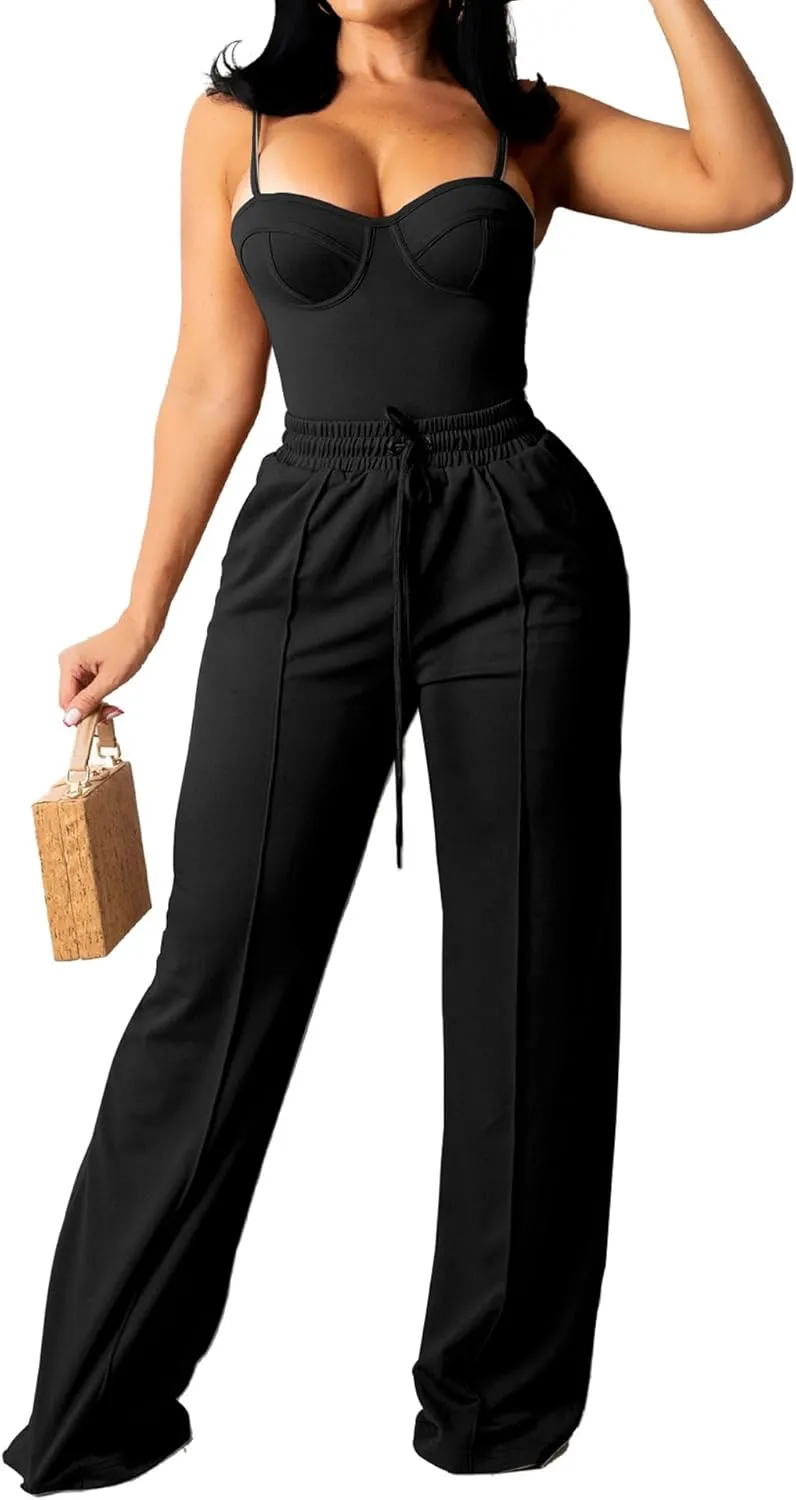 PINSV Women's Casual Wide Leg Pants High Waisted Drawstring Baggy Sweatpants Elastic Straight Leg Lounge Pants