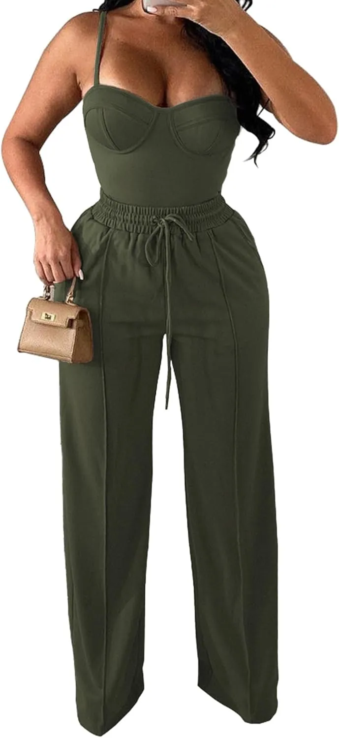 PINSV Women's Casual Wide Leg Pants High Waisted Drawstring Baggy Sweatpants Elastic Straight Leg Lounge Pants