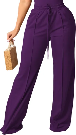 PINSV Women's Casual Wide Leg Pants High Waisted Drawstring Baggy Sweatpants Elastic Straight Leg Lounge Pants