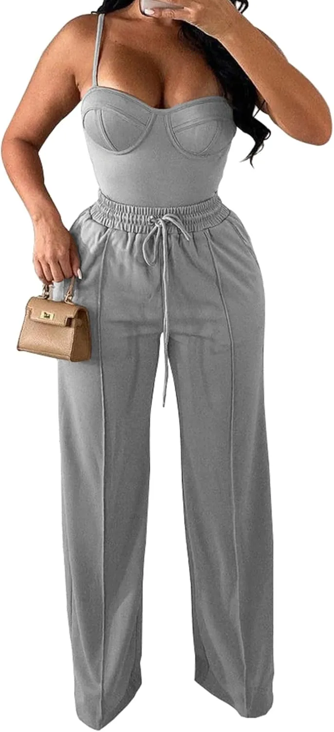 PINSV Women's Casual Wide Leg Pants High Waisted Drawstring Baggy Sweatpants Elastic Straight Leg Lounge Pants