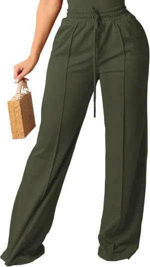 PINSV Women's Casual Wide Leg Pants High Waisted Drawstring Baggy Sweatpants Elastic Straight Leg Lounge Pants