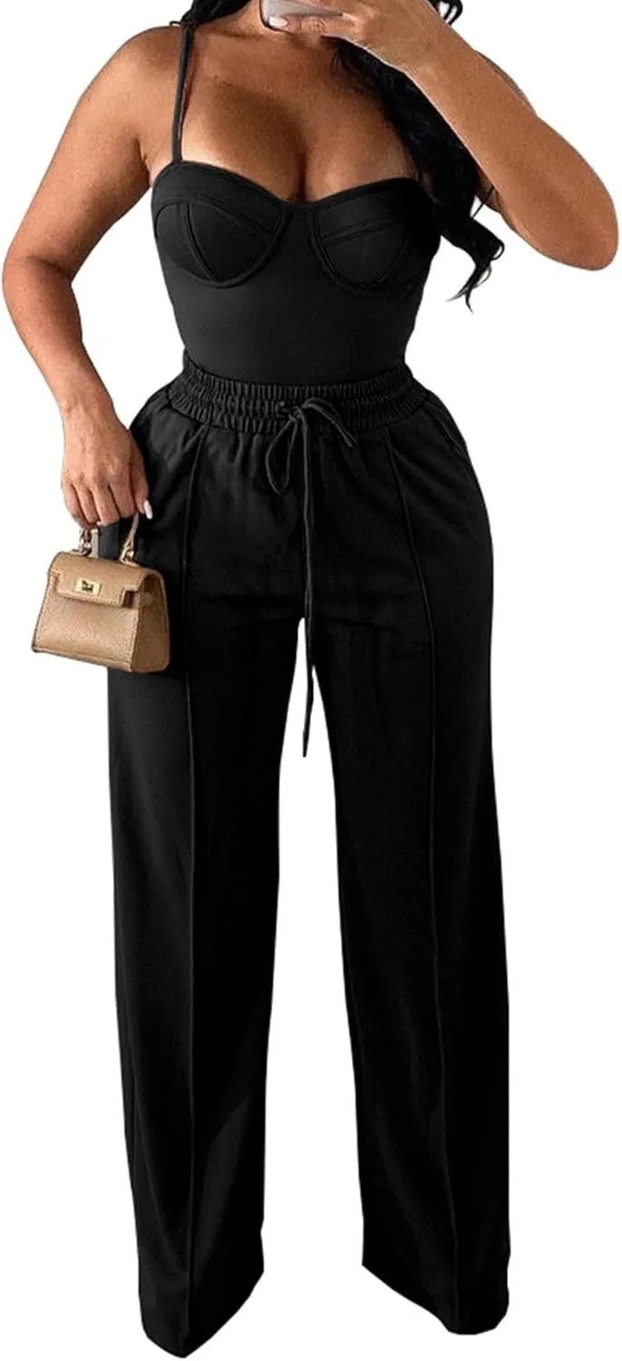 PINSV Women's Casual Wide Leg Pants High Waisted Drawstring Baggy Sweatpants Elastic Straight Leg Lounge Pants