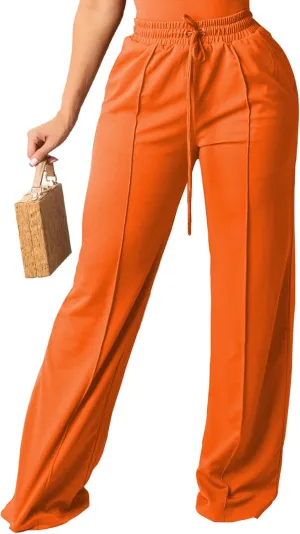 PINSV Women's Casual Wide Leg Pants High Waisted Drawstring Baggy Sweatpants Elastic Straight Leg Lounge Pants