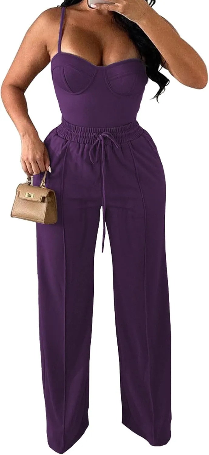 PINSV Women's Casual Wide Leg Pants High Waisted Drawstring Baggy Sweatpants Elastic Straight Leg Lounge Pants