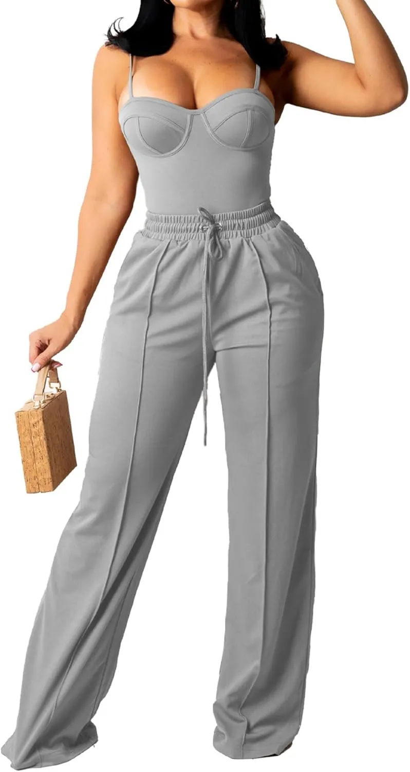 PINSV Women's Casual Wide Leg Pants High Waisted Drawstring Baggy Sweatpants Elastic Straight Leg Lounge Pants