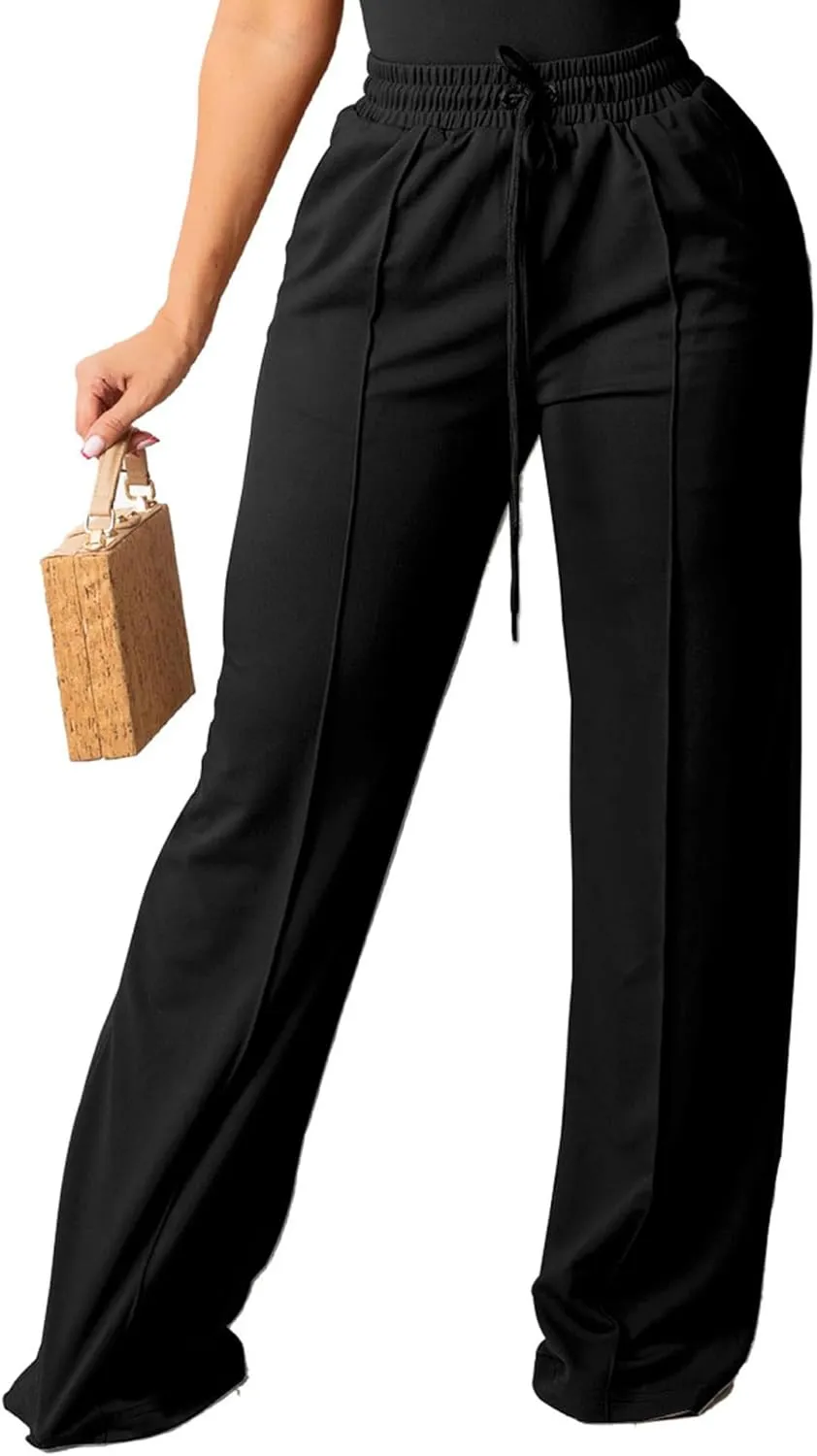 PINSV Women's Casual Wide Leg Pants High Waisted Drawstring Baggy Sweatpants Elastic Straight Leg Lounge Pants