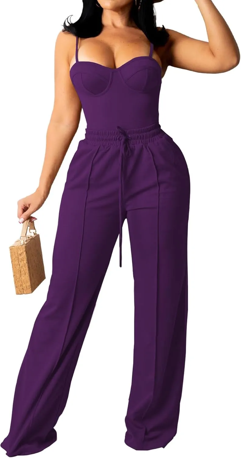 PINSV Women's Casual Wide Leg Pants High Waisted Drawstring Baggy Sweatpants Elastic Straight Leg Lounge Pants