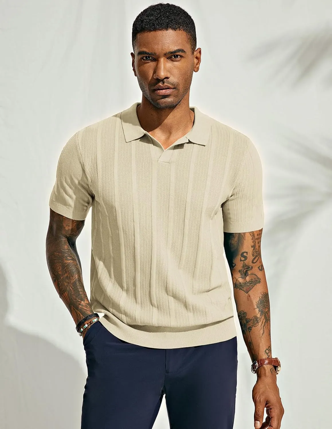 PJ PAUL JONES Mens Polo Shirts Textured Knit V-Neck Summer Shirts