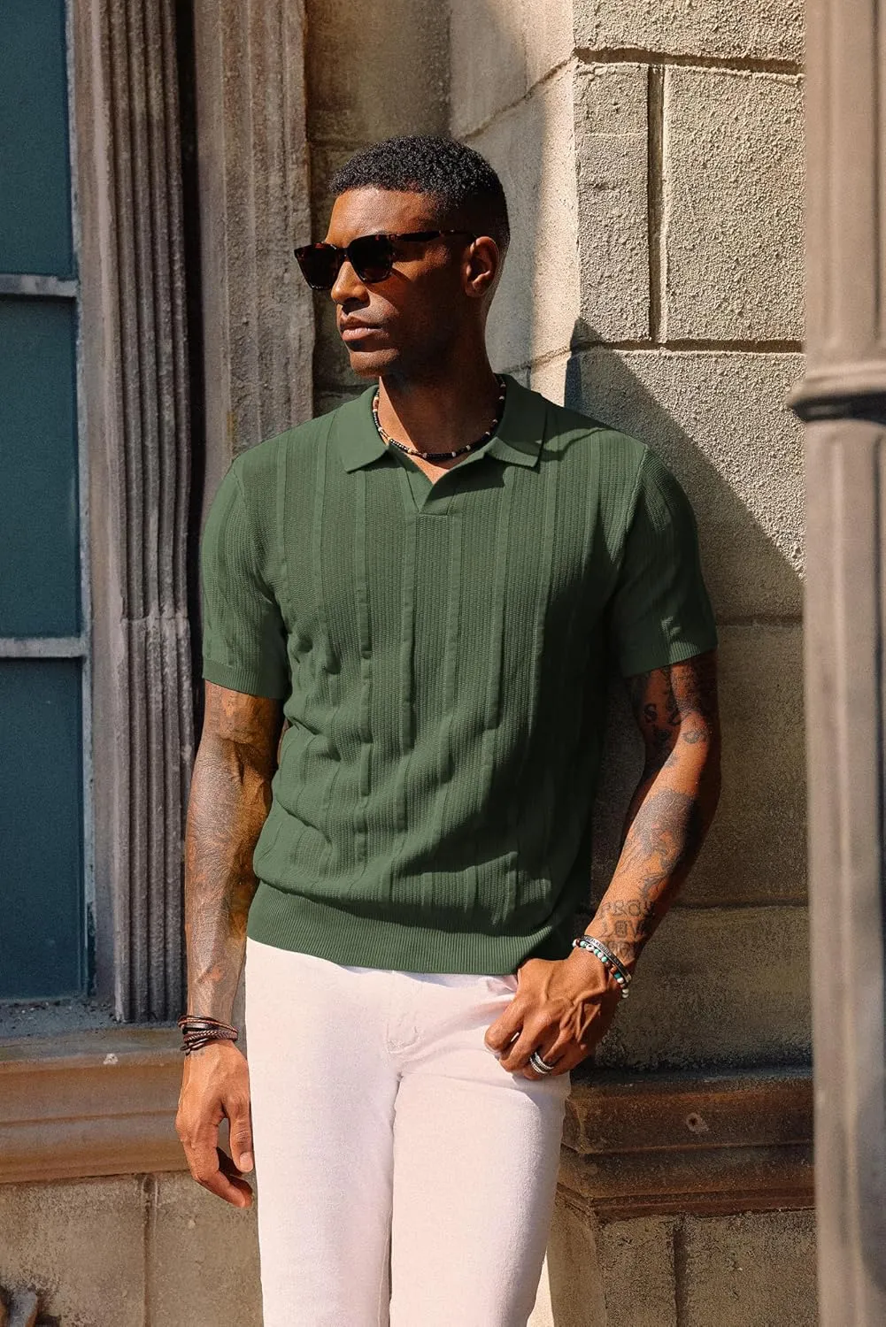 PJ PAUL JONES Mens Polo Shirts Textured Knit V-Neck Summer Shirts