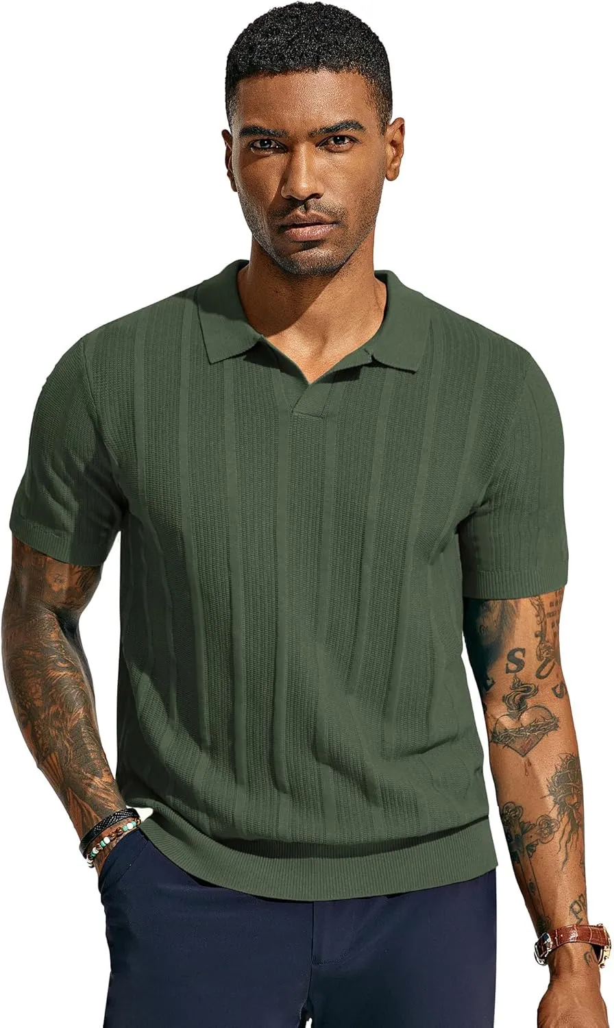 PJ PAUL JONES Mens Polo Shirts Textured Knit V-Neck Summer Shirts