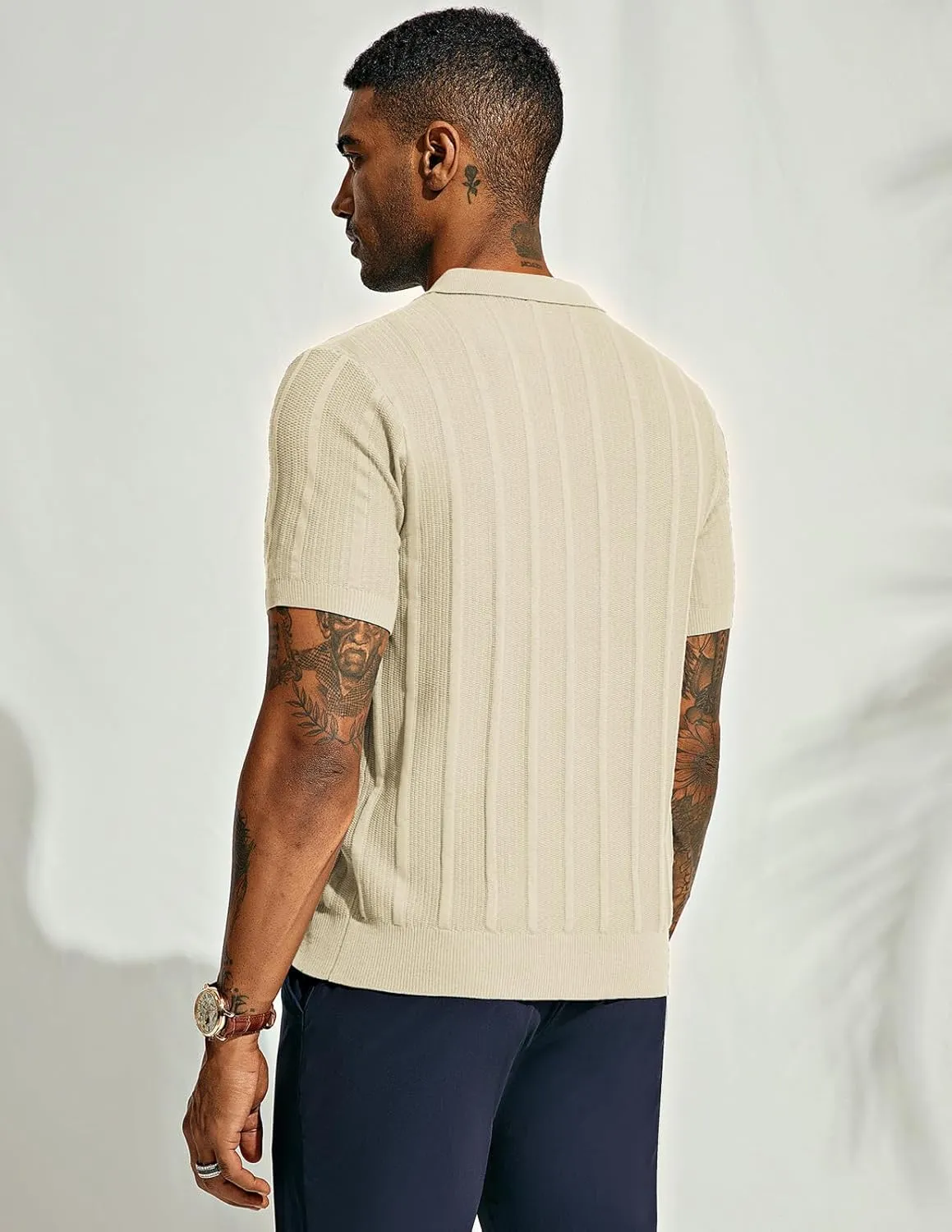 PJ PAUL JONES Mens Polo Shirts Textured Knit V-Neck Summer Shirts