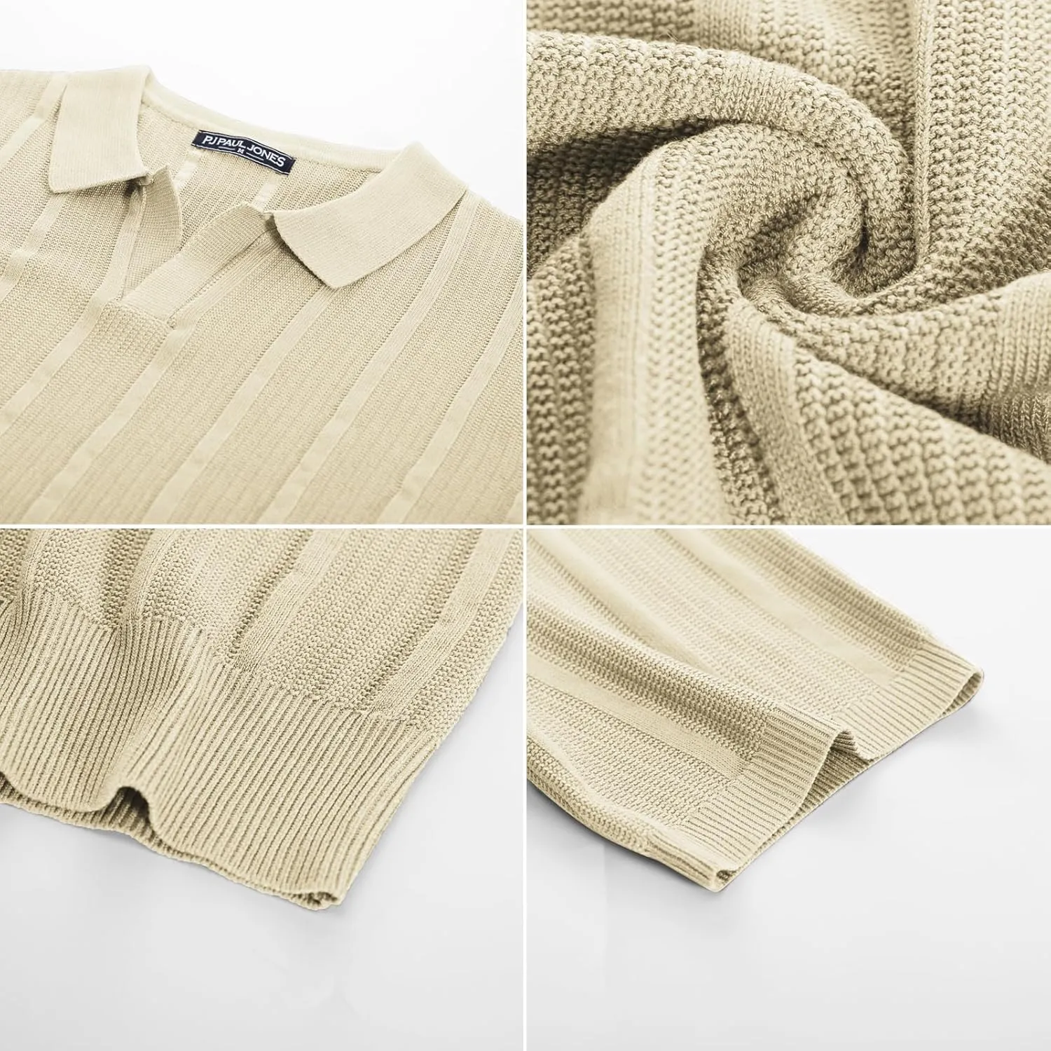 PJ PAUL JONES Mens Polo Shirts Textured Knit V-Neck Summer Shirts