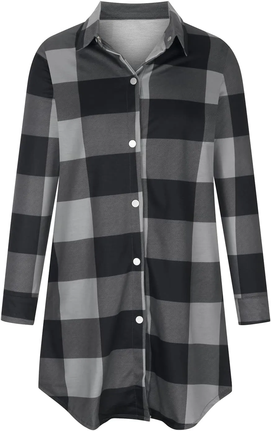 Plaid Button Down Shirts for Women Oversized Long Sleeve Flannel Jackets Loose Fit Fall Tops Hoodies with Pocket