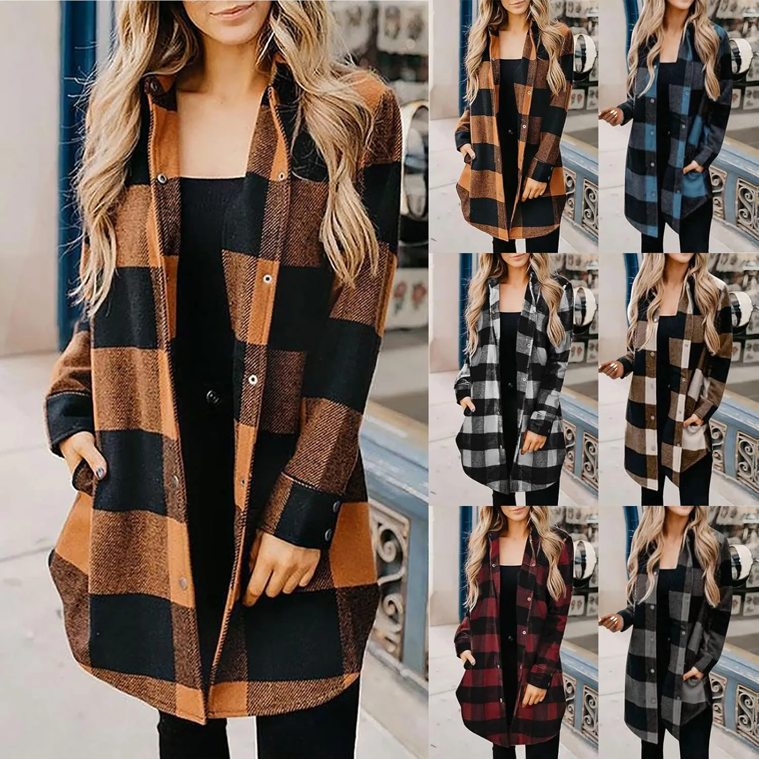Plaid Button Down Shirts for Women Oversized Long Sleeve Flannel Jackets Loose Fit Fall Tops Hoodies with Pocket