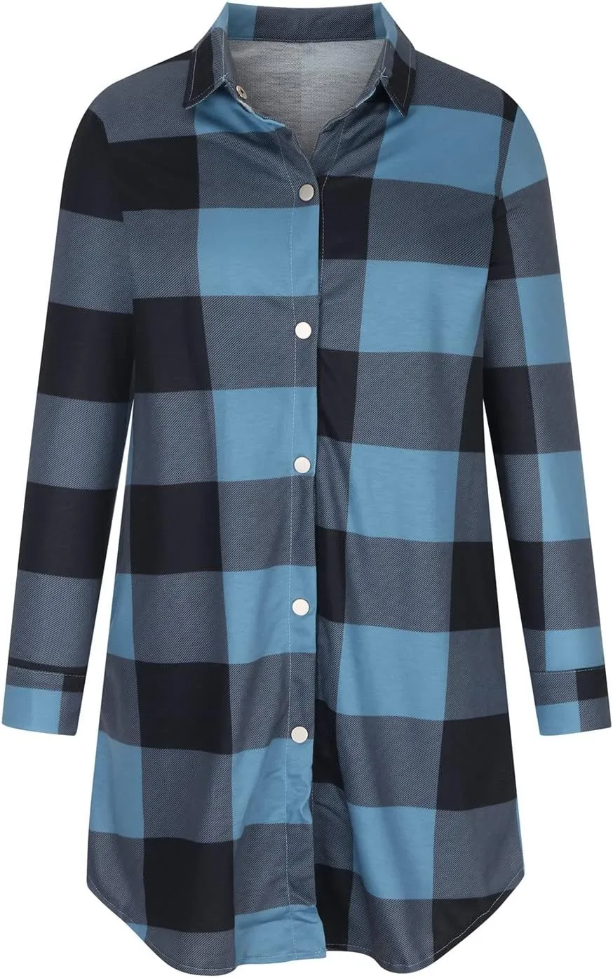 Plaid Button Down Shirts for Women Oversized Long Sleeve Flannel Jackets Loose Fit Fall Tops Hoodies with Pocket