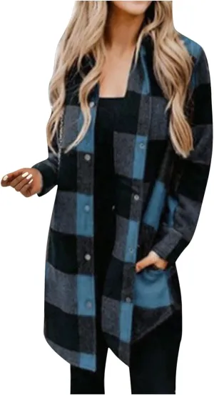 Plaid Button Down Shirts for Women Oversized Long Sleeve Flannel Jackets Loose Fit Fall Tops Hoodies with Pocket