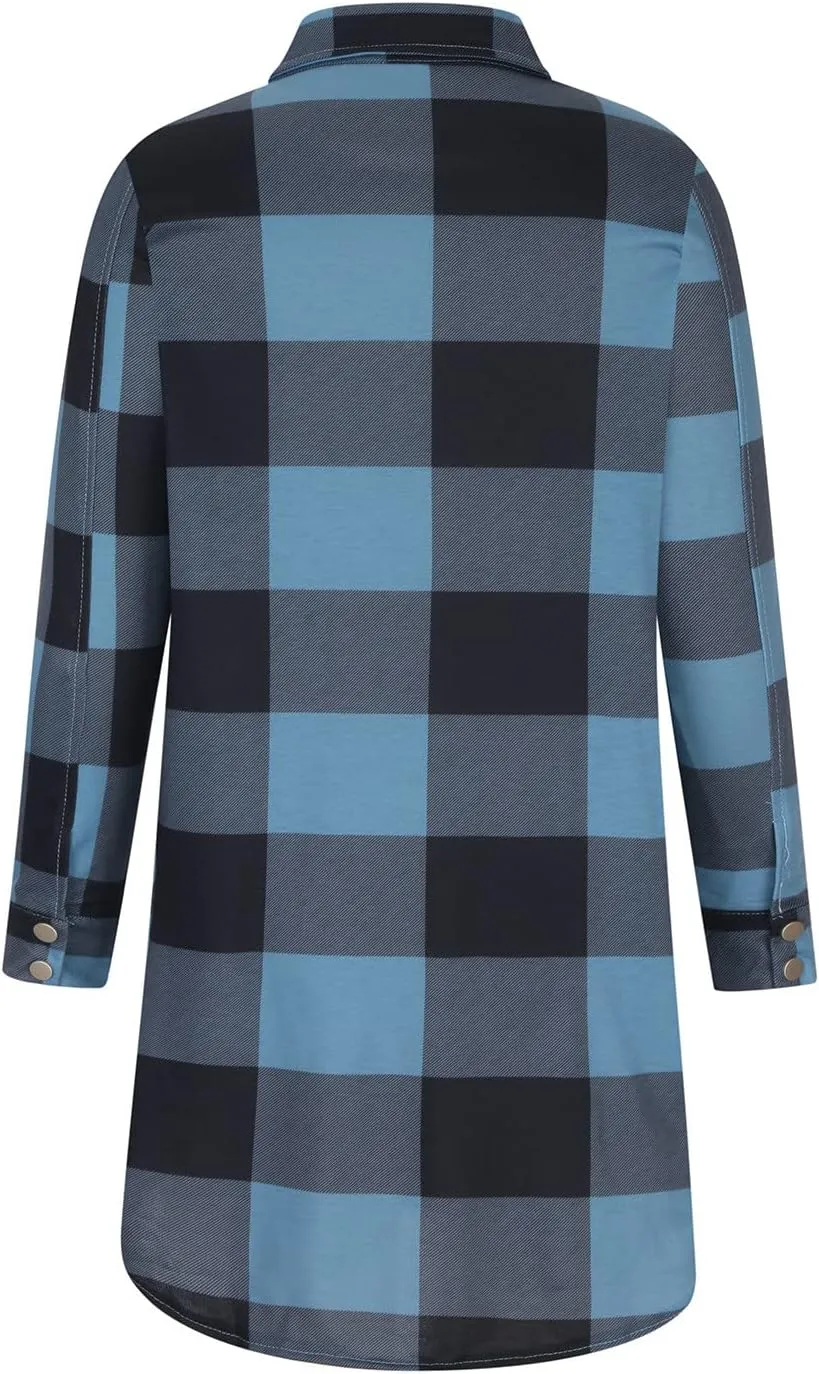 Plaid Button Down Shirts for Women Oversized Long Sleeve Flannel Jackets Loose Fit Fall Tops Hoodies with Pocket