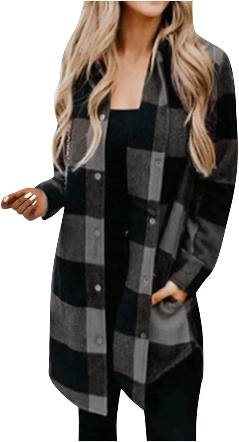 Plaid Button Down Shirts for Women Oversized Long Sleeve Flannel Jackets Loose Fit Fall Tops Hoodies with Pocket