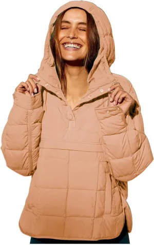 Pullover Puffer Jacket for Women Long Sleeve Oversized Quilted Jackets Solid Color Hooded Sweatshirt Fall Comfy Outwear