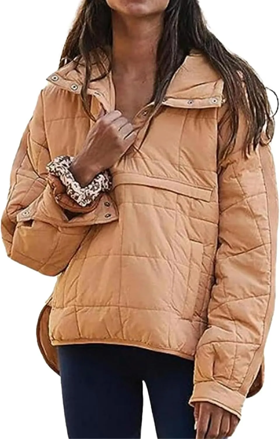 Pullover Puffer Jacket for Women Long Sleeve Oversized Quilted Jackets Solid Color Hooded Sweatshirt Fall Comfy Outwear