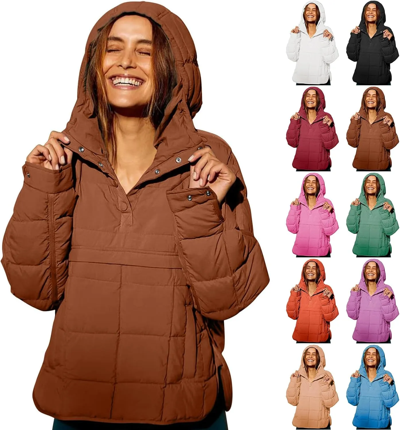 Pullover Puffer Jacket for Women Long Sleeve Oversized Quilted Jackets Solid Color Hooded Sweatshirt Fall Comfy Outwear