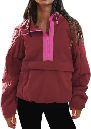 Pullover Puffer Jacket Womens Long Sleeve Half Zip Hooded Coat Drawstring Casual Loose Jacket Lightweight Hoodies