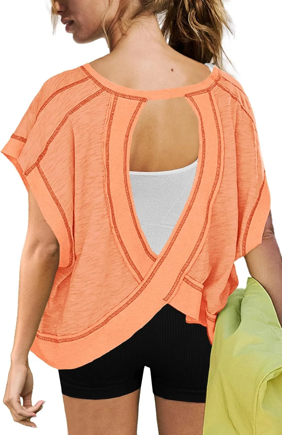 ReachMe Womens Open Back Workout Tops Athletic Backless Cropped T-Shirts Short Sleeve Gym Yoga Shirts