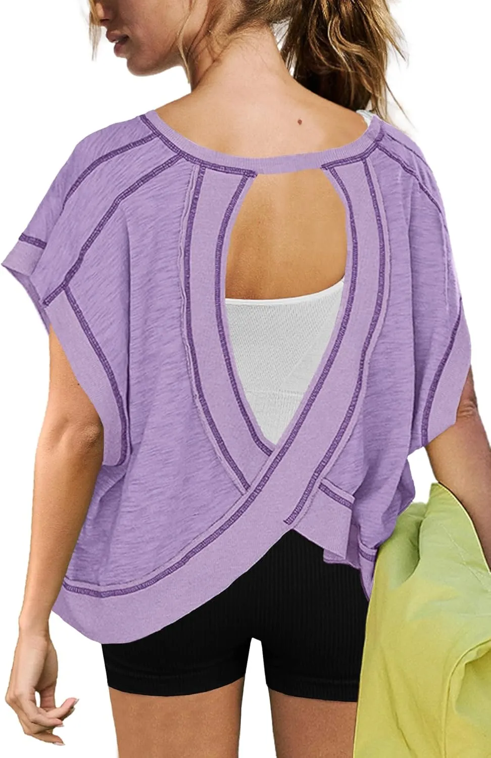ReachMe Womens Open Back Workout Tops Athletic Backless Cropped T-Shirts Short Sleeve Gym Yoga Shirts