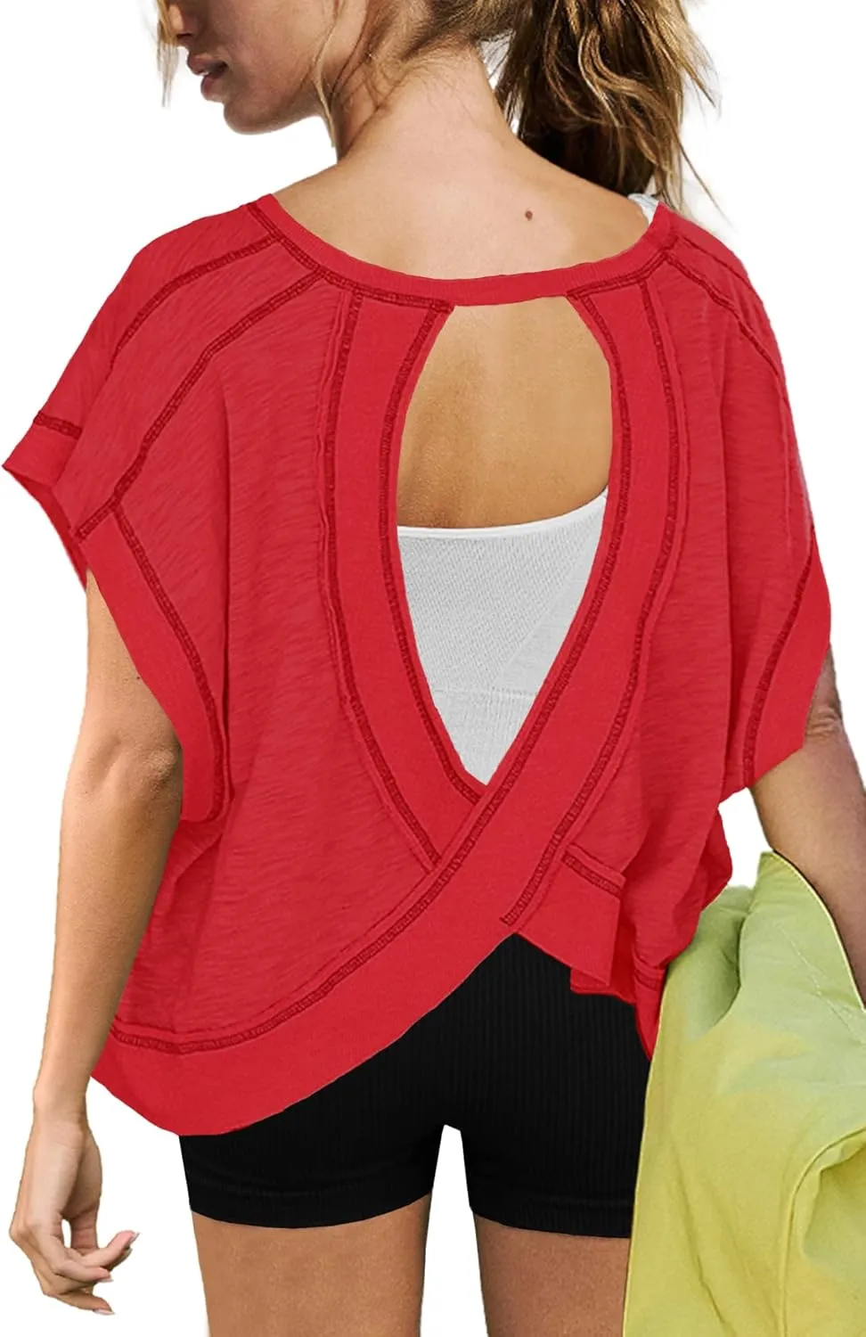 ReachMe Womens Open Back Workout Tops Athletic Backless Cropped T-Shirts Short Sleeve Gym Yoga Shirts