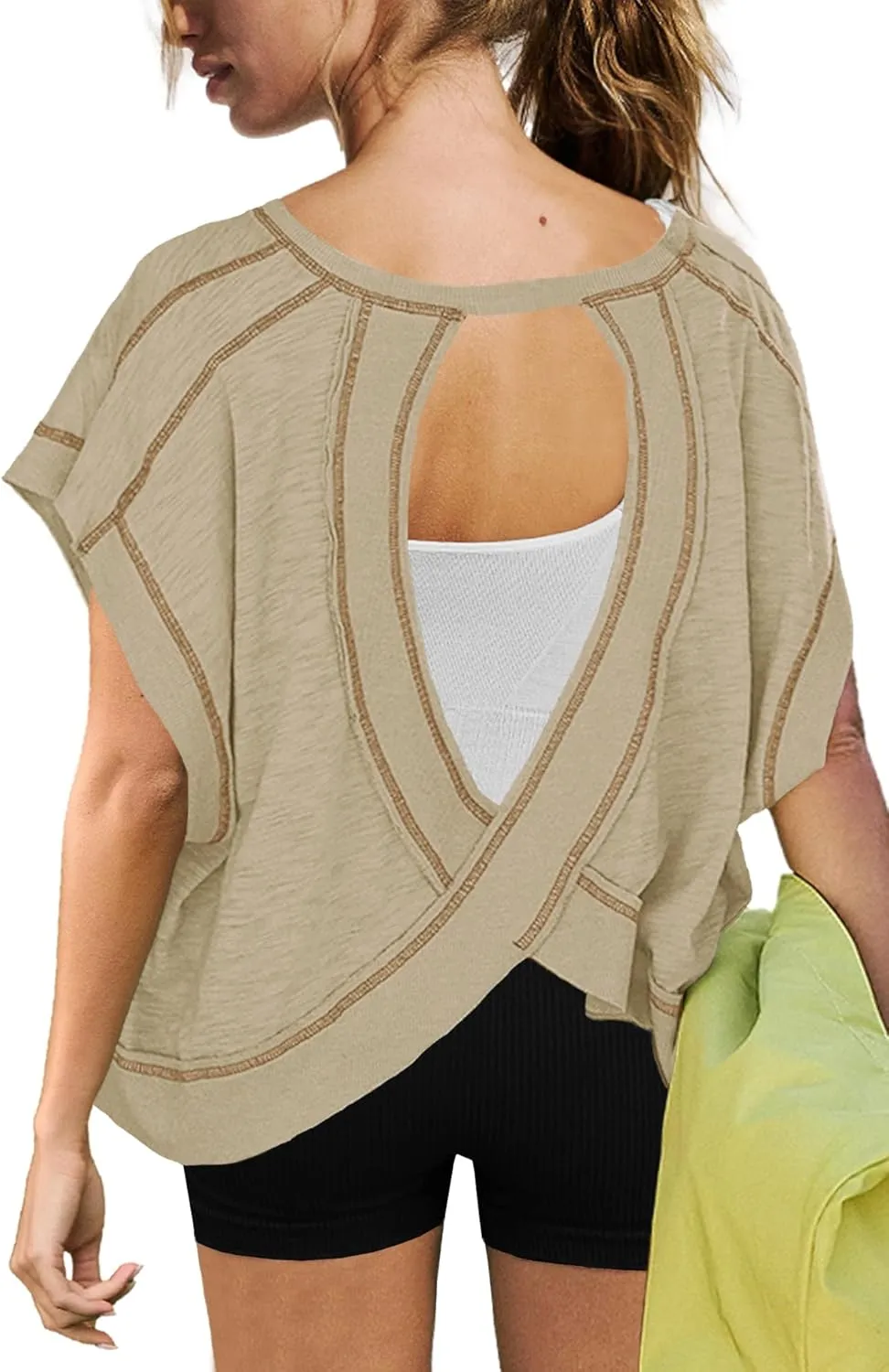 ReachMe Womens Open Back Workout Tops Athletic Backless Cropped T-Shirts Short Sleeve Gym Yoga Shirts