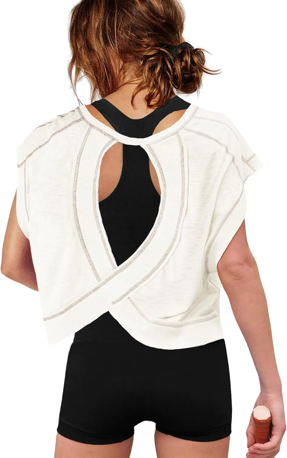 ReachMe Womens Open Back Workout Tops Athletic Backless Cropped T-Shirts Short Sleeve Gym Yoga Shirts