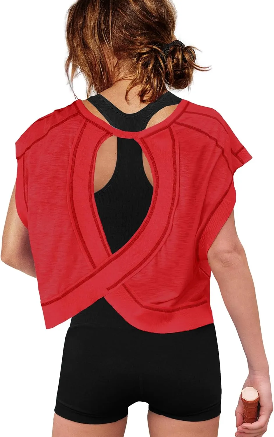 ReachMe Womens Open Back Workout Tops Athletic Backless Cropped T-Shirts Short Sleeve Gym Yoga Shirts