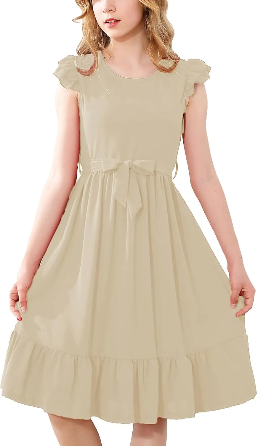 RETSUGO Girls Dresses Ruffle Sleeve Dress Flutter Hem A-Line Swing Pleated Tiered Casual Solid Color Party Dress 6-14 Years
