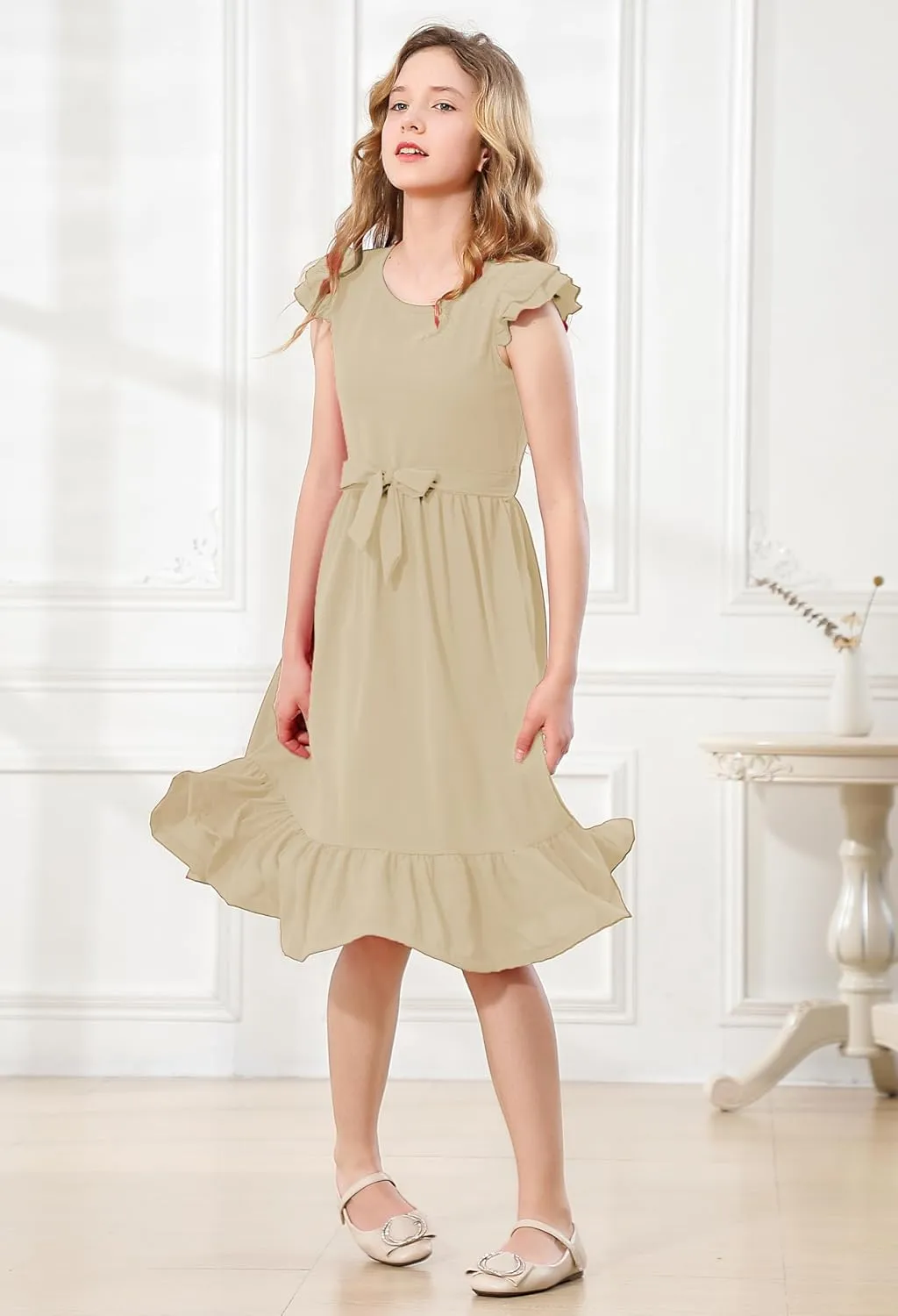 RETSUGO Girls Dresses Ruffle Sleeve Dress Flutter Hem A-Line Swing Pleated Tiered Casual Solid Color Party Dress 6-14 Years