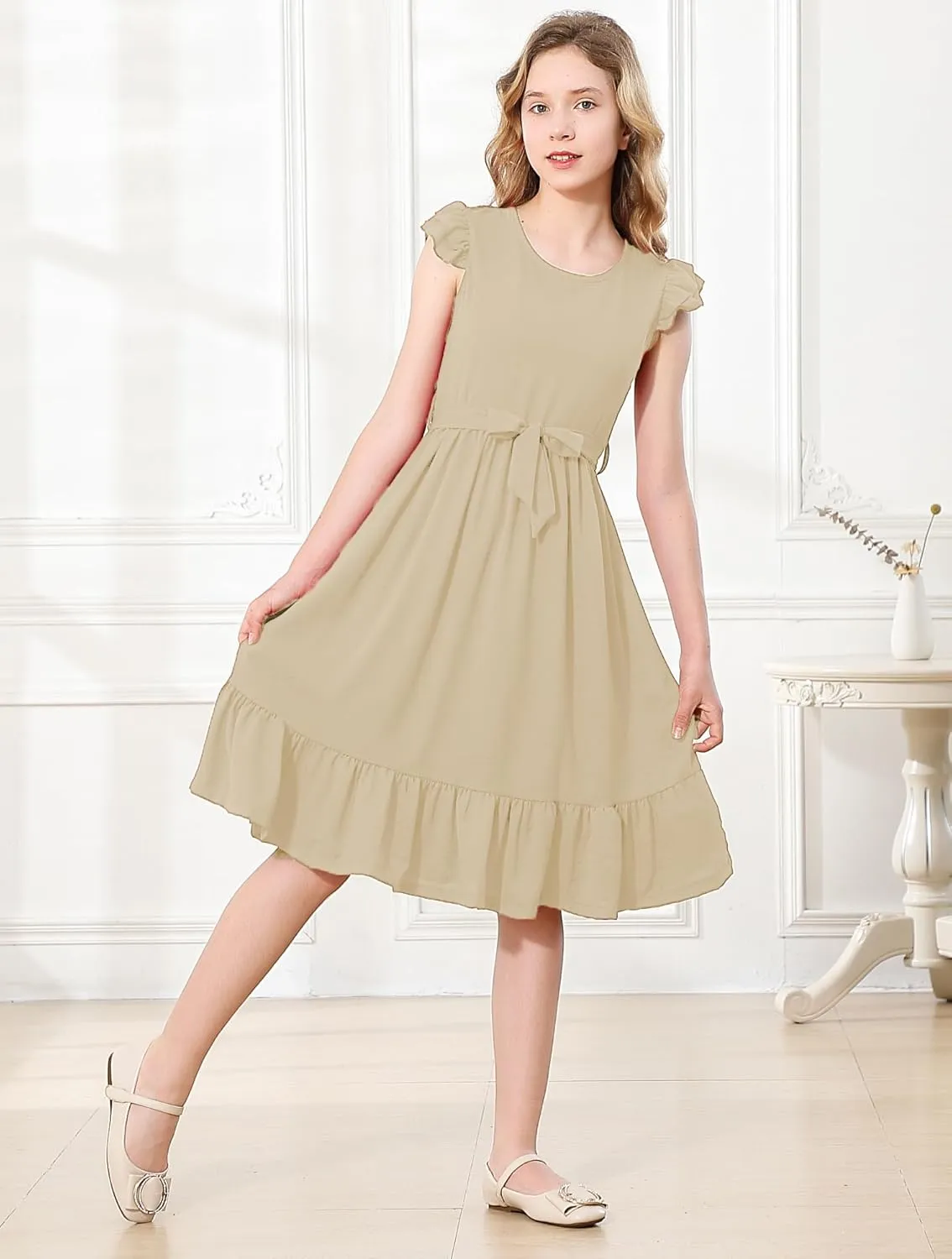 RETSUGO Girls Dresses Ruffle Sleeve Dress Flutter Hem A-Line Swing Pleated Tiered Casual Solid Color Party Dress 6-14 Years