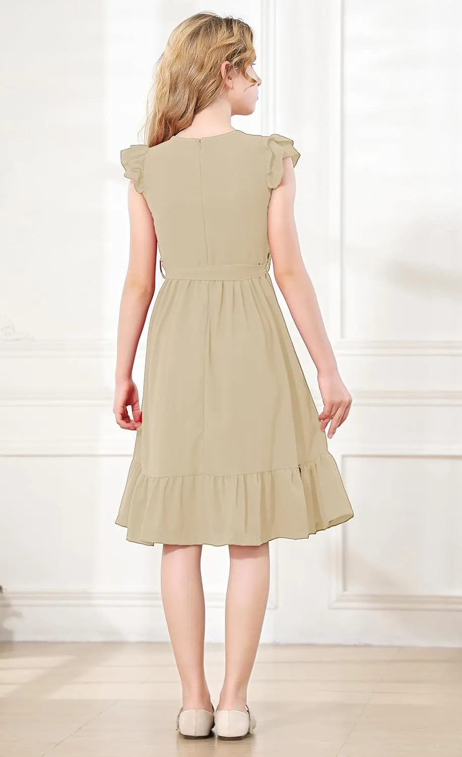 RETSUGO Girls Dresses Ruffle Sleeve Dress Flutter Hem A-Line Swing Pleated Tiered Casual Solid Color Party Dress 6-14 Years