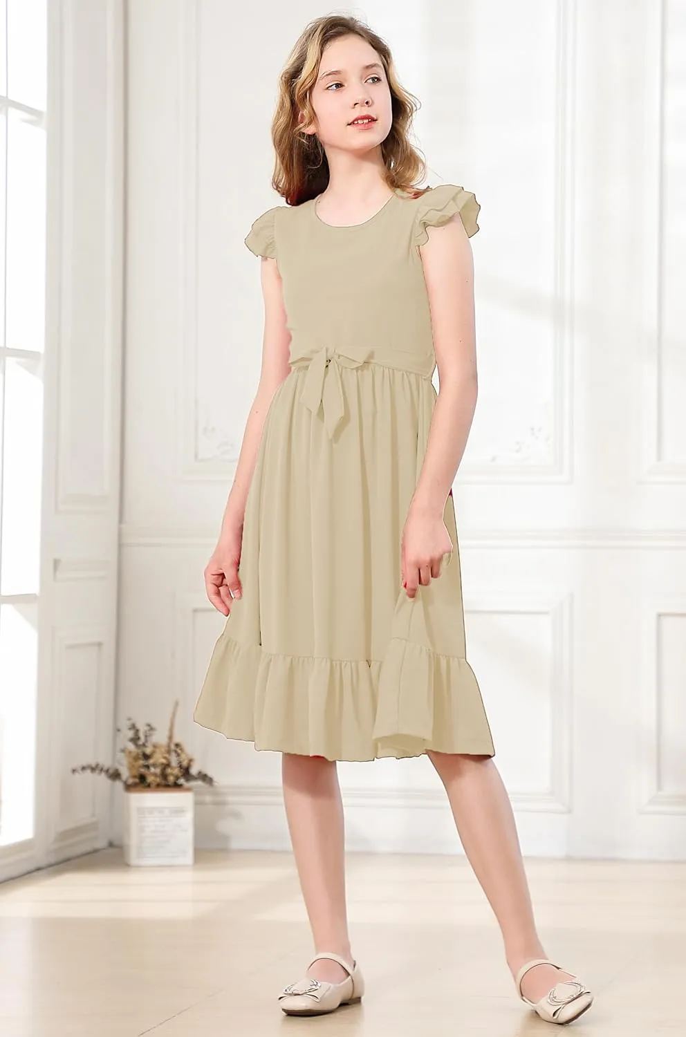 RETSUGO Girls Dresses Ruffle Sleeve Dress Flutter Hem A-Line Swing Pleated Tiered Casual Solid Color Party Dress 6-14 Years
