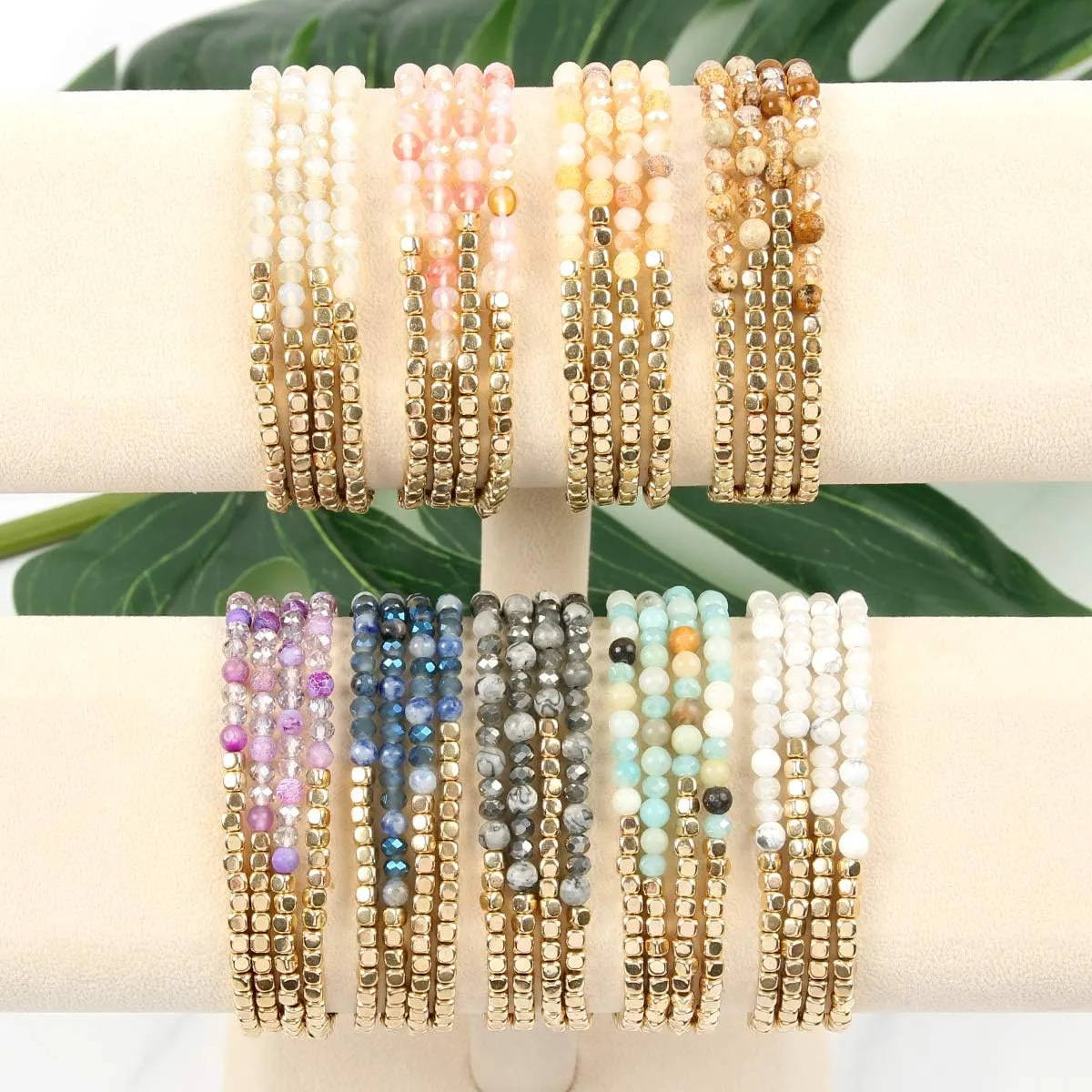 RIAH FASHION Delicate Boho Beaded Multi Layer Versatile Statement Bracelets - Stackable Stretch Strand Cuff Bangles Sparkly Crystal, Natural Stone, Tassel Charm