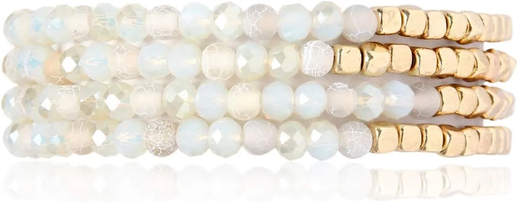 RIAH FASHION Delicate Boho Beaded Multi Layer Versatile Statement Bracelets - Stackable Stretch Strand Cuff Bangles Sparkly Crystal, Natural Stone, Tassel Charm