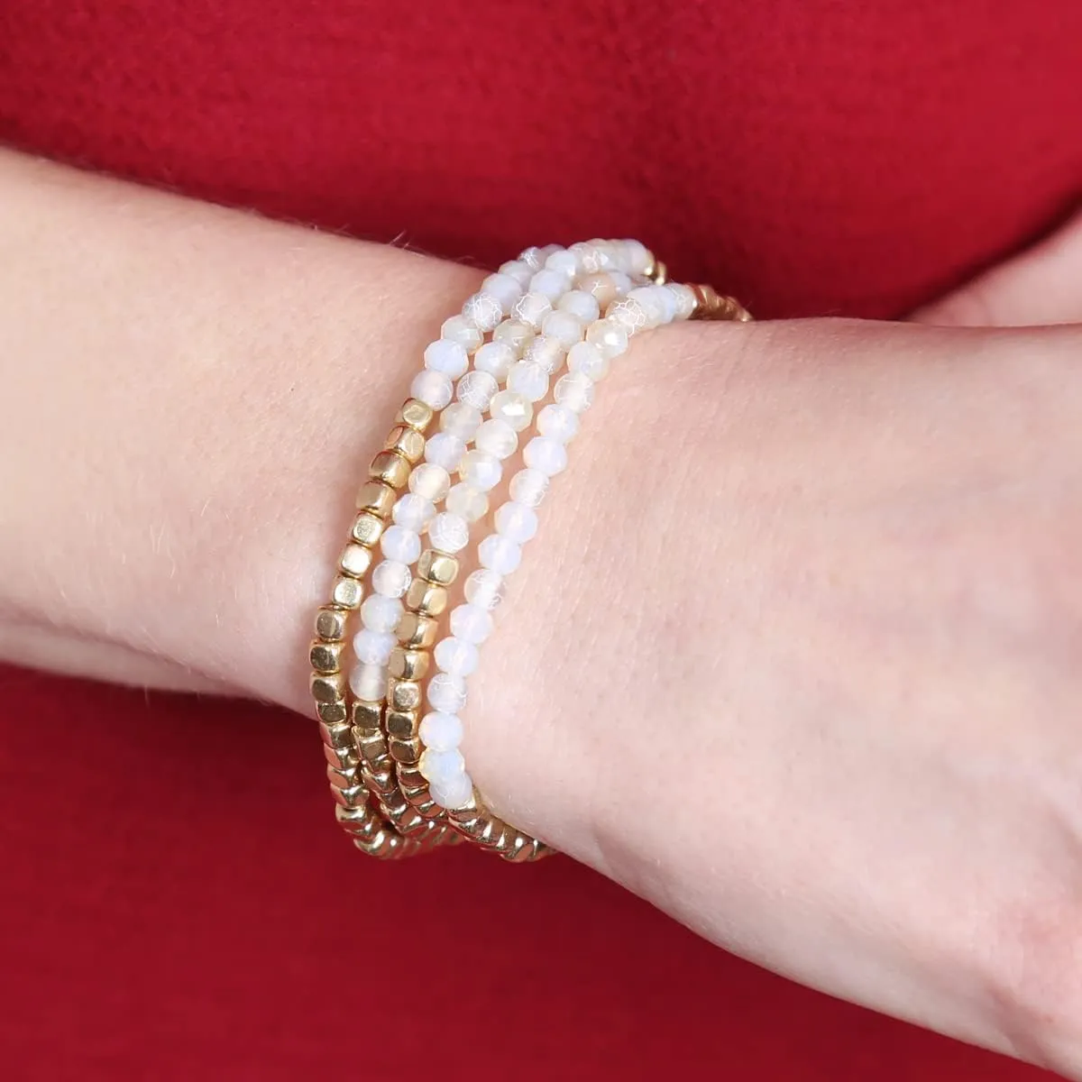 RIAH FASHION Delicate Boho Beaded Multi Layer Versatile Statement Bracelets - Stackable Stretch Strand Cuff Bangles Sparkly Crystal, Natural Stone, Tassel Charm