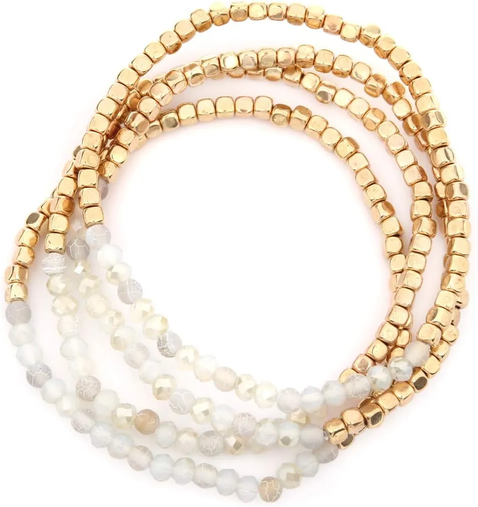 RIAH FASHION Delicate Boho Beaded Multi Layer Versatile Statement Bracelets - Stackable Stretch Strand Cuff Bangles Sparkly Crystal, Natural Stone, Tassel Charm