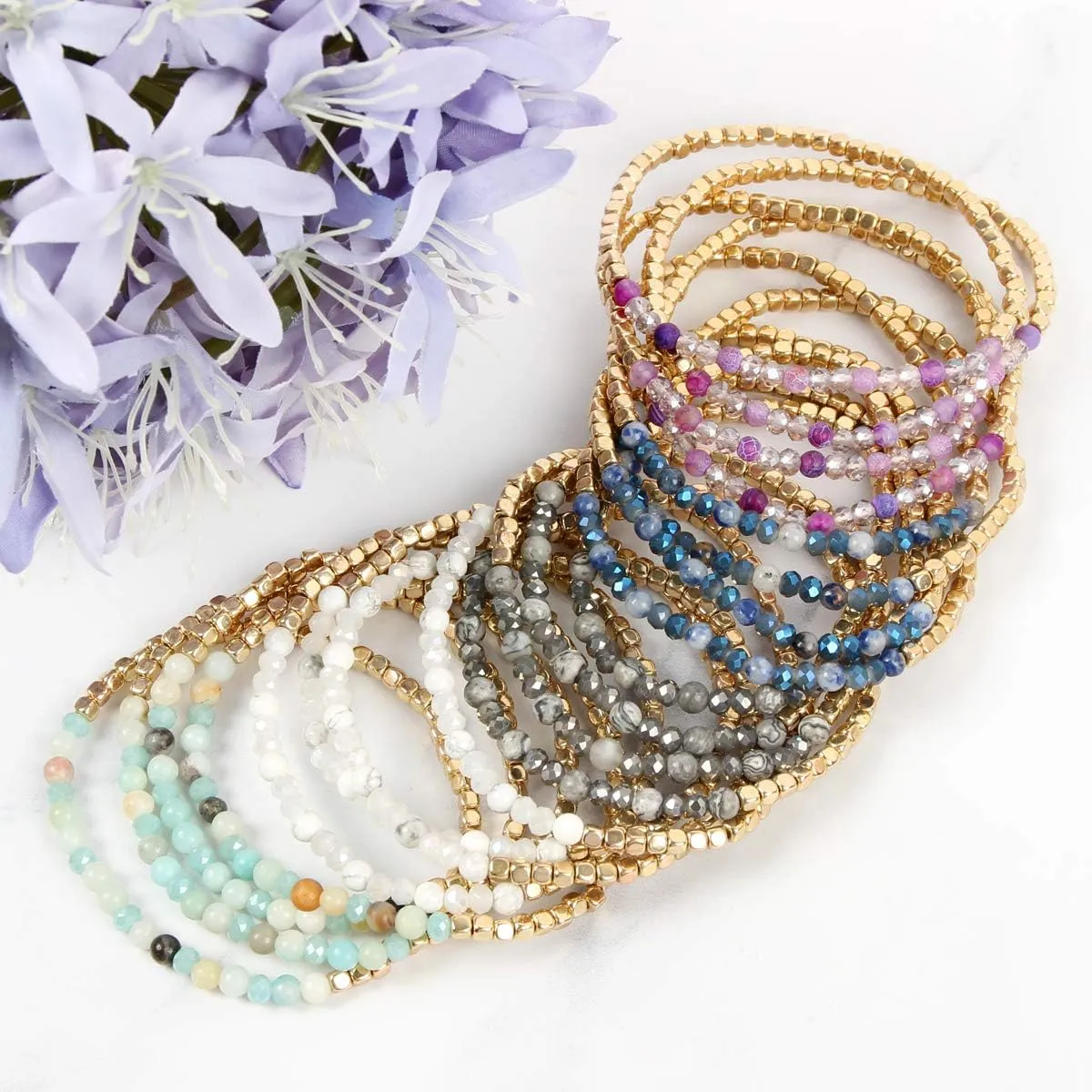 RIAH FASHION Delicate Boho Beaded Multi Layer Versatile Statement Bracelets - Stackable Stretch Strand Cuff Bangles Sparkly Crystal, Natural Stone, Tassel Charm