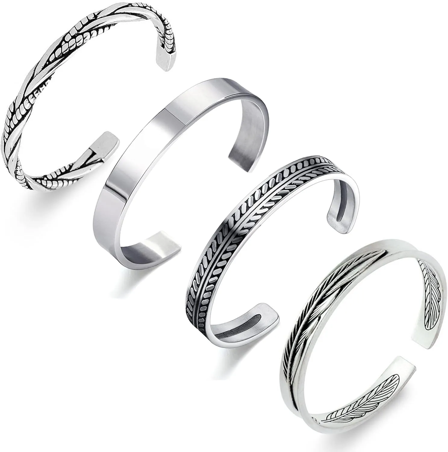 RIOSO 4Pcs Men's Cuff Bracelets Silver Cuff Bracelet Leaves Pattern Twisted Open Cuff Bracelet