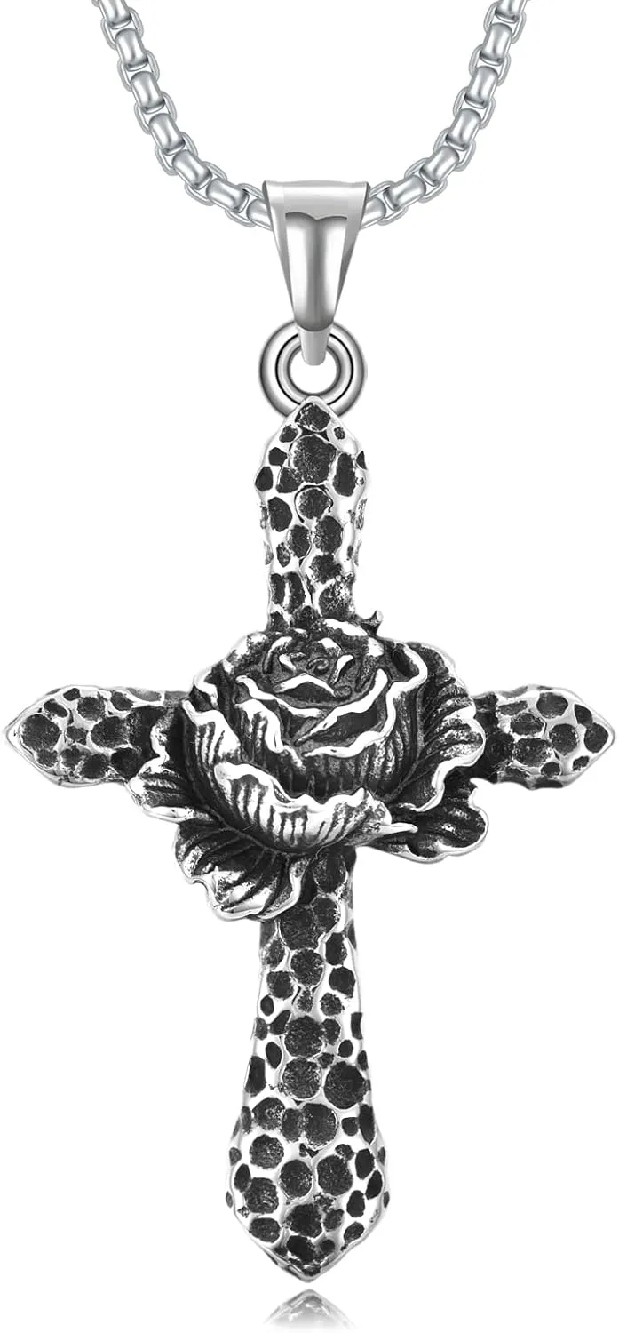 Rose Cross Necklace for Men Stainless Steel Rose Cross Pendant Religious Cross Jewelry Christmas Gift for Brother Boyfriend
